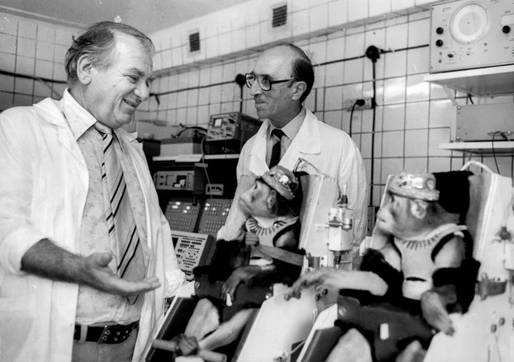 Б.А. Лапин и О.Г. Газенко обсуждают результаты эксперимента по программе «Бион» в ИМБП. 1985 год.