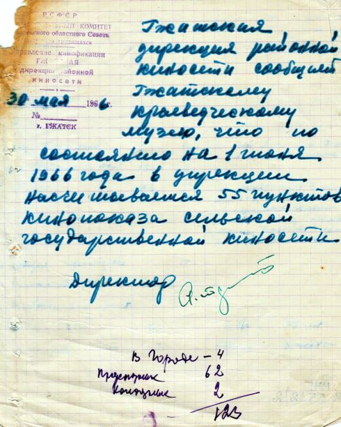 Справка Гжатскому краеведческому музею от Гжатской дирекции районной киносети от 30 мая 1966 года. Документ из фондов ФГБУК «Музей-заповедник Ю.А. Гагарина». 13-gigapixel-standard-width-490px.jpg