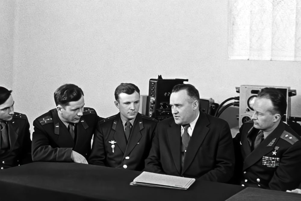 В.Ф. Быковский, П.Р. Попович, Ю.А. Гагарин, С.П. Королев, Н.П. Каманин. 1961 год